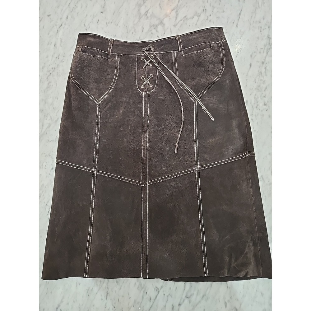 Vintage Genuine Leather Brown Skirt Medium Boho unfinished hem, lined, pockets